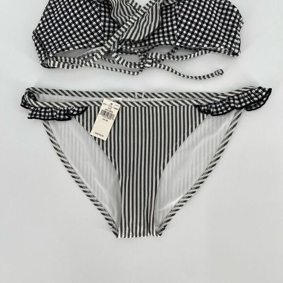 Aerie Seersucker Ruffle Wrap Bikini Scoop Top Swimsuit Set XS Black White NWT - Picture 4 of 9